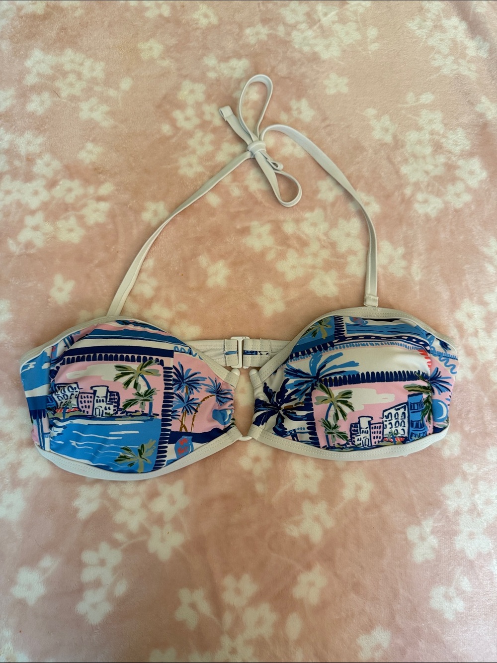 Women’s Tropical Print Bandeau Bikini Top - White Trim, Pink & Blue